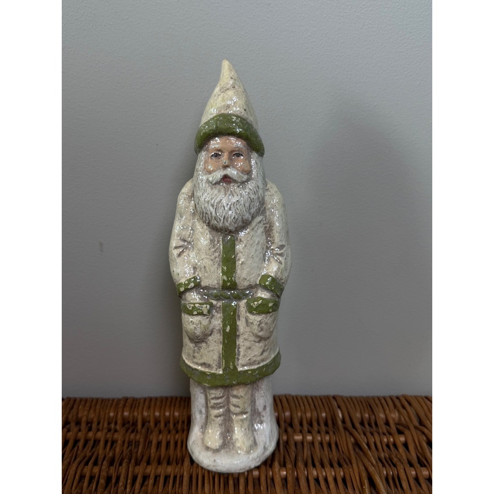 Vintage Style Rustic Green and Cream Glittered Santa Claus Figurine 12 Inch